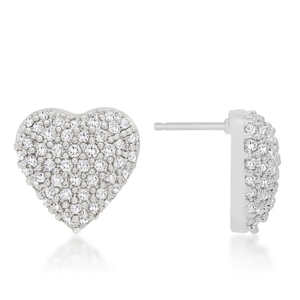 Contemporary heart stud earrings with round all-clear cubic zirconia in a pave setting.