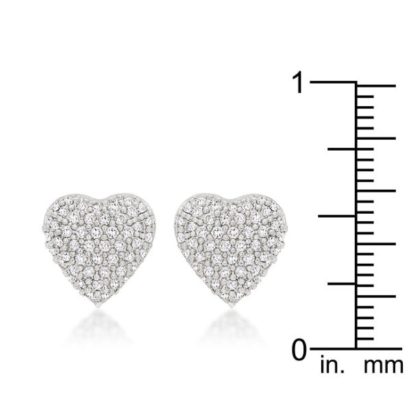 Heart stud earrings with pave-set all-clear cubic zirconia and rhodium plated over lead free alloy (brass).