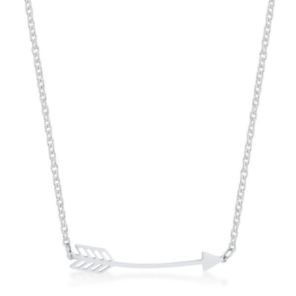 Arrow pendant necklace in rhodium plated stainless steel laid flat, showing the full 16 inch chain