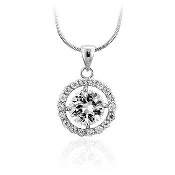 The pendant with round 10 Mm cubic zirconia, rhodium plated over lead free alloy (brass), on a 16 Inch snake chain.