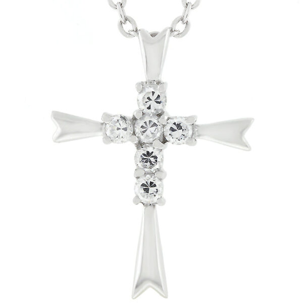 Cross pendant in rhodium plated over .925 sterling silver with round cubic zirconia in prong settings.