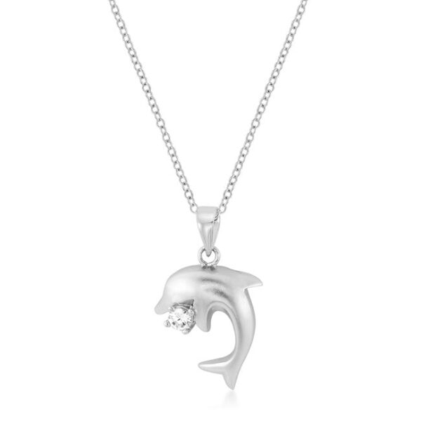 Dolphin-shaped pendant in matte silvertone finish plated over rhodium plated with a round cubic zirconia stone