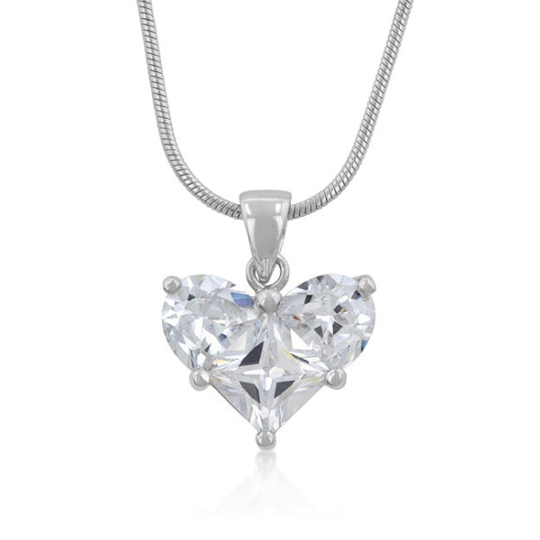 Clear heart pendant with princess-cut, prong-set cubic zirconia, rhodium plated over lead free alloy (brass), and a snake chain.