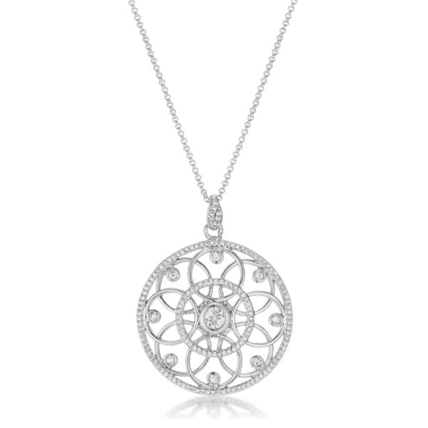 Rhodium plated pendant necklace with interlocking circles set with round cubic zirconia stones