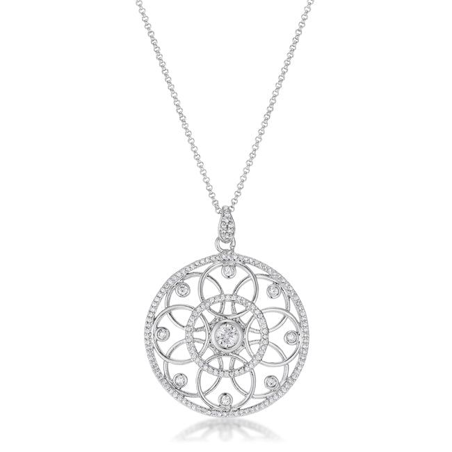 Rhodium plated pendant necklace with interlocking circles set with round cubic zirconia stones
