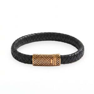 18 Karat Gold PVD Stainless Steel and Braided Leather Magnetic Clasp Men's Bracelet