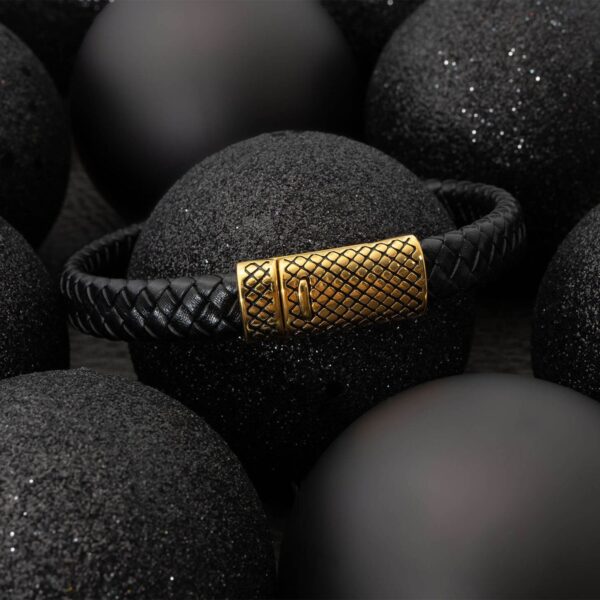 18 Karat Gold PVD Stainless Steel and Braided Leather Magnetic Clasp Bracelet - alternate view 4