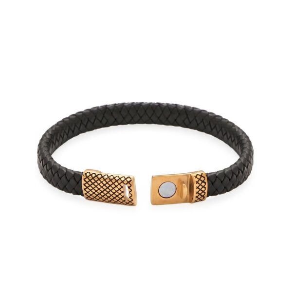 18 Karat Gold PVD Stainless Steel and Braided Leather Magnetic Clasp Bracelet - alternate view 2