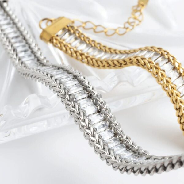 6 + 2 18 Karat Gold PVD Stainless Steel Baguette CZ Wheat Chain Bracelet - alternate view 3