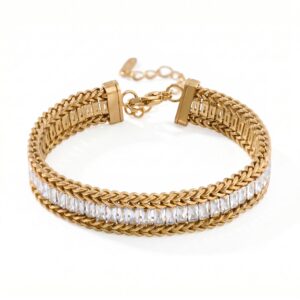 6 + 2 18 Karat Gold PVD Stainless Steel Baguette CZ Wheat Chain Bracelet
