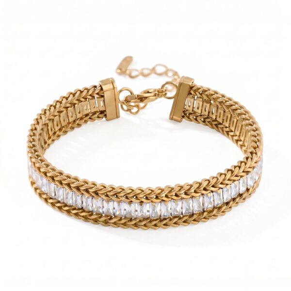 6 + 2 18 Karat Gold PVD Stainless Steel Baguette CZ Wheat Chain Bracelet