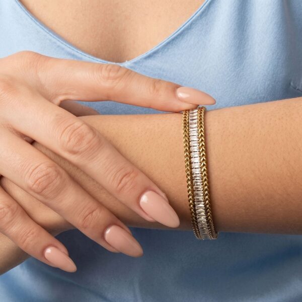 6 + 2 18 Karat Gold PVD Stainless Steel Baguette CZ Wheat Chain Bracelet - alternate view 2
