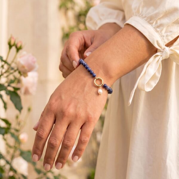 7 18 Karat Gold PVD Stainless Steel Sodalite Inverted Hinge Bracelet - alternate view 2