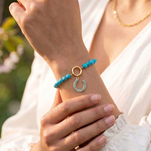 7 18 Karat Gold PVD Stainless Steel Reconstituted Turquoise Inverted Hinge Bracelet - alternate view 2