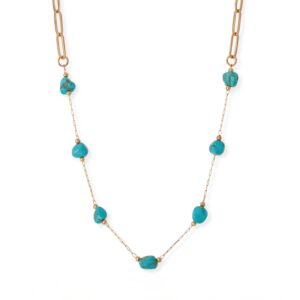 16 + 2 18 Karat Gold PVD Stainless Steel Turquoise Station Paperclip Chain Necklace