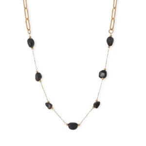 16 + 2 18 Karat Gold PVD Stainless Steel Black Onyx Station Paperclip Chain Necklace
