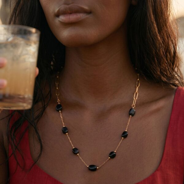 16 + 2 18 Karat Gold PVD Stainless Steel Black Onyx Station Paperclip Chain Necklace - alternate view 2