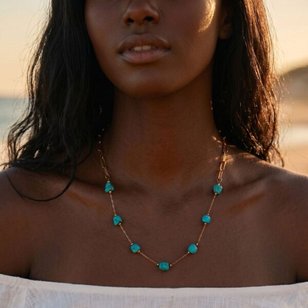 16 + 2 18 Karat Gold PVD Stainless Steel Turquoise Station Paperclip Chain Necklace - alternate view 2