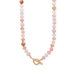 18 Pink Rondell Glass and Picture Jasper Bead Fashion Toggle Necklace
