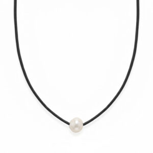 16 Black Leather and Floating Cultured Freshwater Pearl Necklace