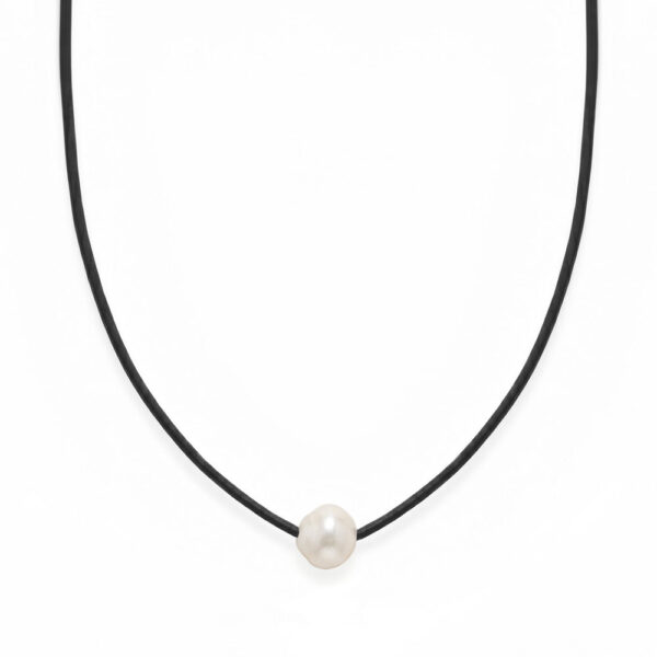16 Black Leather and Floating Cultured Freshwater Pearl Necklace