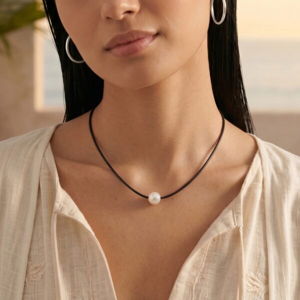16 Black Leather and Floating Cultured Freshwater Pearl Necklace - alternate view 2
