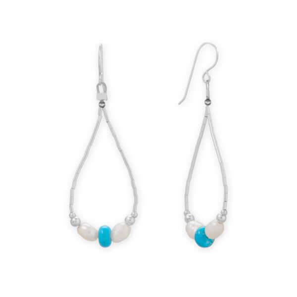 Cultured Freshwater Pearl and Turquoise Liquid Silver Pear Outline Earrings