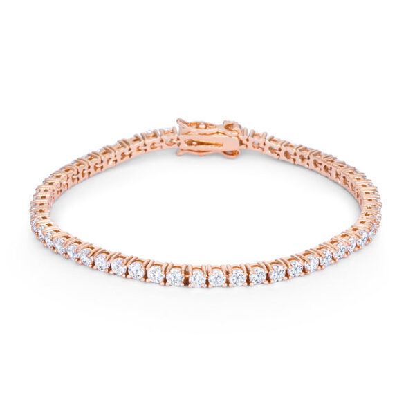 Rose goldtone finish plated tennis bracelet laid flat, showing the full row of round cubic zirconia stones