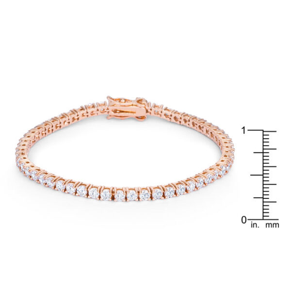 Close-up of several prong-set round cubic zirconia stones on the rose goldtone finish plated band