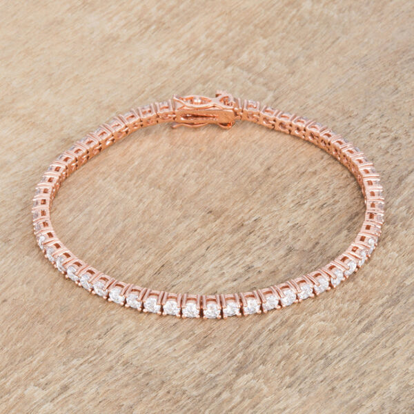 The bracelet's lock clasp shown at the end of the rose goldtone finish plated band