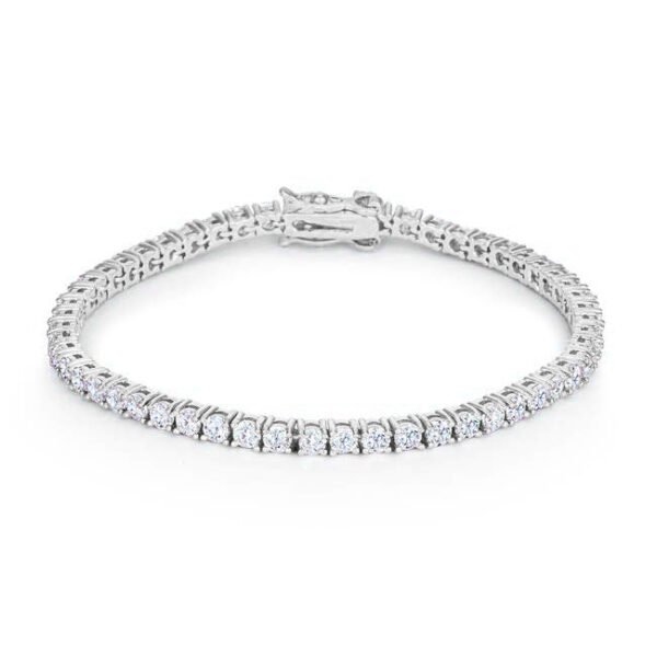 Victorian tennis bracelet with round cubic zirconia in prong settings and a silvertone finish.