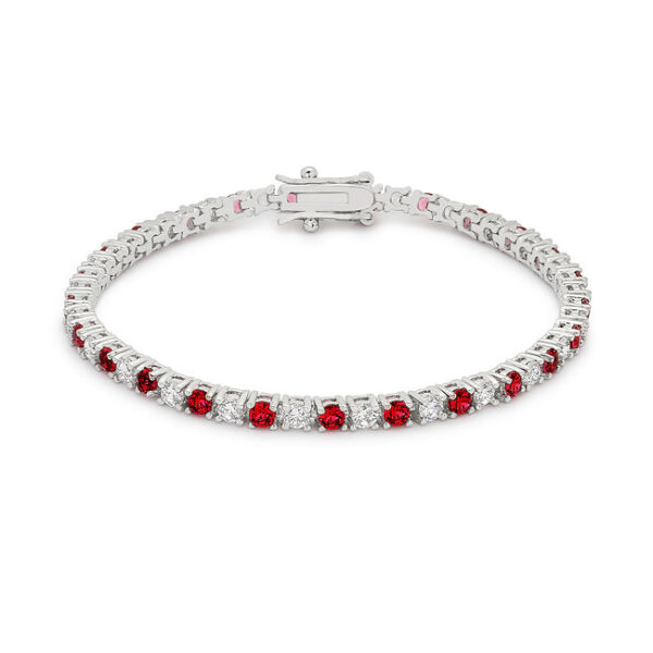 Rhodium plated over lead free alloy (brass) tennis bracelet with round, ruby-colored cubic zirconia in prong settings.
