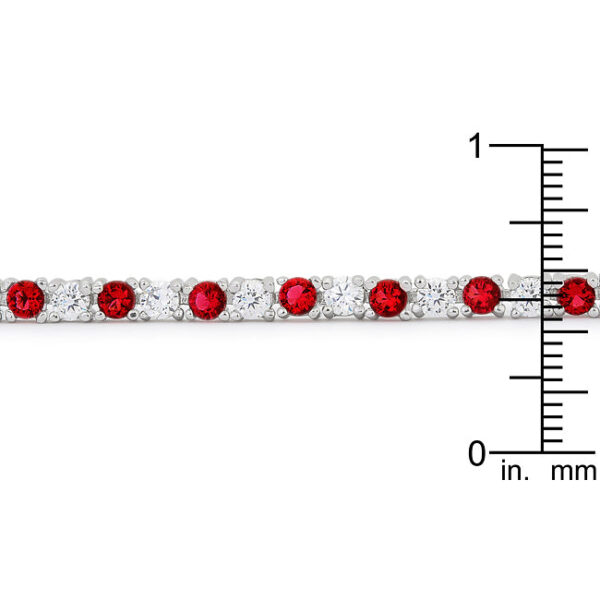 Lock clasp on a 7 inch rhodium plated over lead free alloy (brass) tennis bracelet with ruby-colored cubic zirconia.