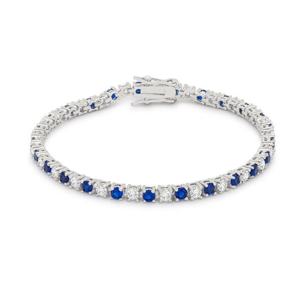 7 inch tennis bracelet with round sapphire-colored cubic zirconia in prong settings and a lock clasp.