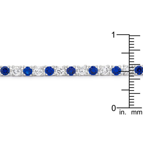 Round sapphire-colored cubic zirconia in prong settings, each measuring 3 (mm) X 3 (mm).