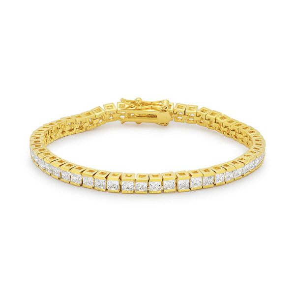 Tennis bracelet in goldtone finish plated over gold tone with a row of princess-cut cubic zirconia in prong settings
