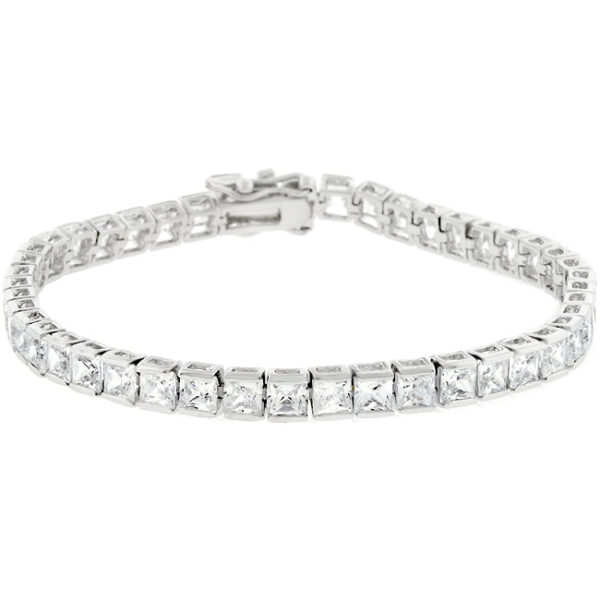 The bracelet laid flat, showing channel-set princess-cut stones along its length