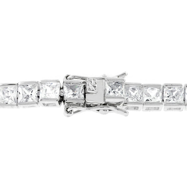 Close-up of the tennis bracelet's lock clasp and rhodium plated metal links