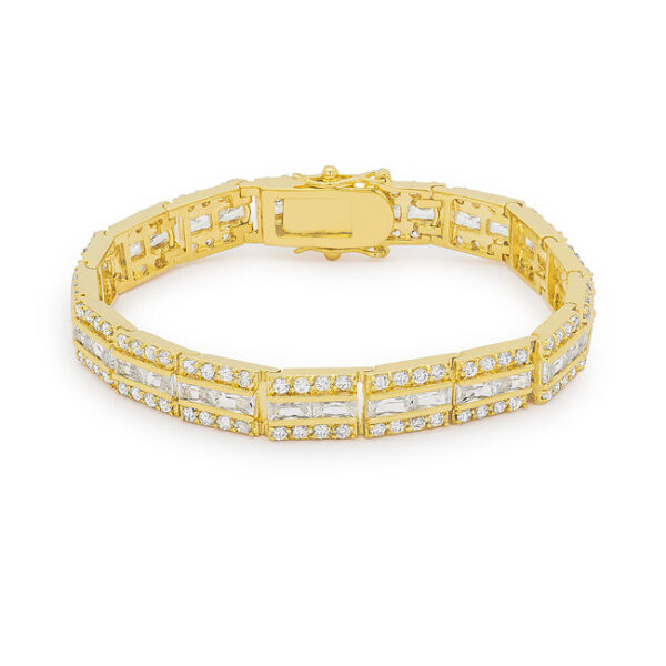 Black round-cut cubic zirconia bracelet in silver tone over lead free alloy (brass) with prong settings and a lock clasp.