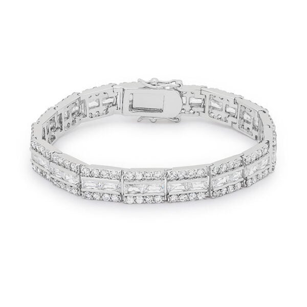 The bracelet in rhodium plated over lead free alloy (brass), with prong-set round-cut cubic zirconia and lock clasp