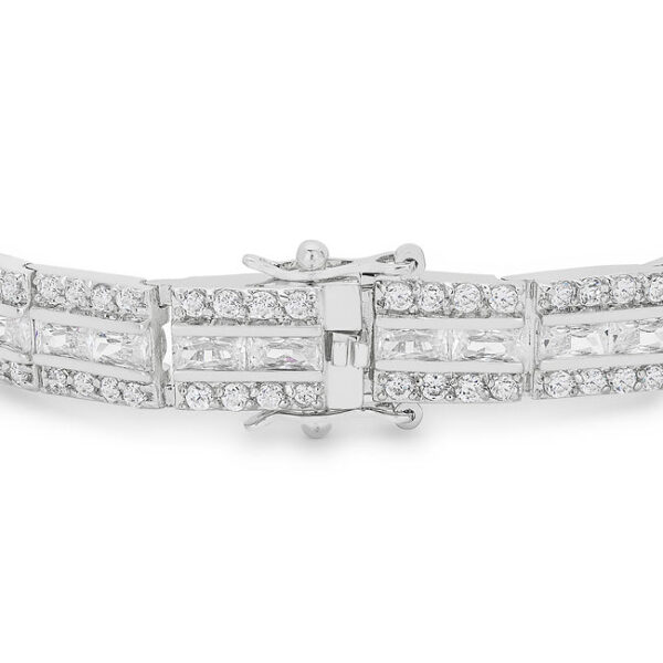 Prong-set round-cut cubic zirconia on a rhodium plated over lead free alloy (brass) bracelet totaling 5.1 ct