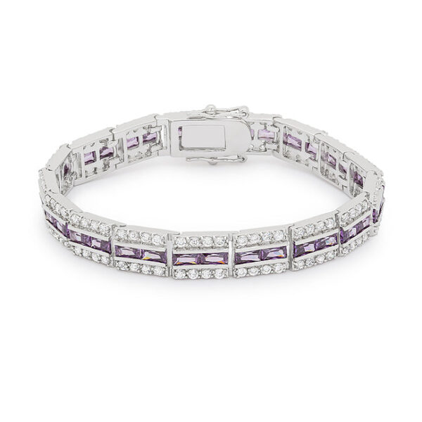 The bracelet laid flat showing the rhodium plated band and prong-set stones