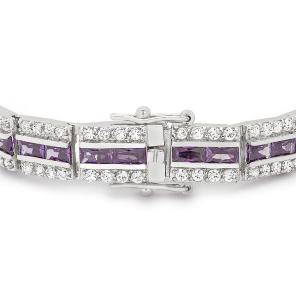 Close-up of the purple cubic zirconia stones set in prongs on the bracelet