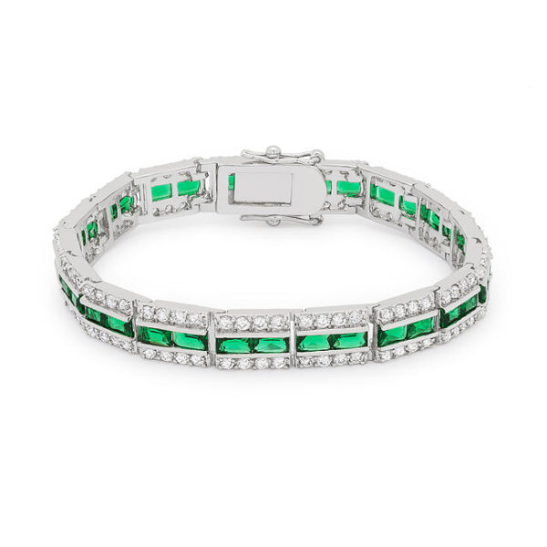 Emerald-colored cubic zirconia tennis bracelet in and round stone forms, rhodium plated over lead free alloy (brass).