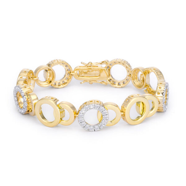 Circle Bijoux two tone bracelet laid flat showing linked circles set with small cubic zirconia stones