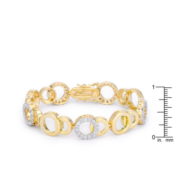 Close-up of the bracelet's circle links showing the two tone plating and prong-set round stones