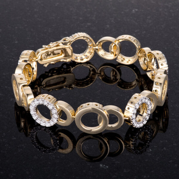 The bracelet's lock clasp shown open against the two tone circle links
