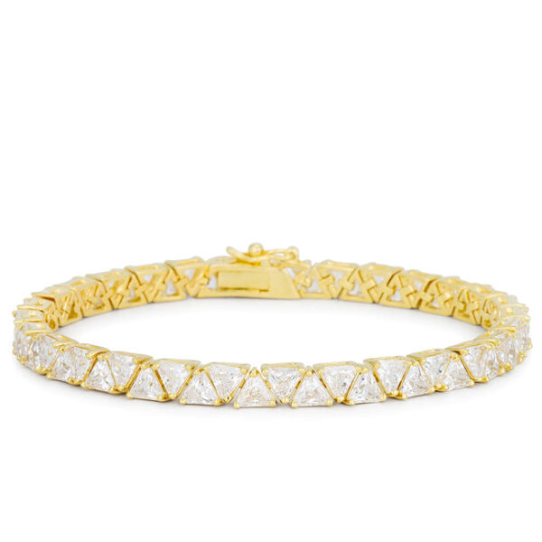 Bracelet laid flat showing the full row of trillion-cut cubic zirconia stones