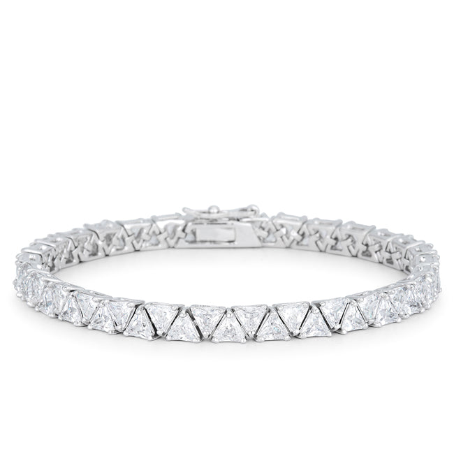 7 inch link bracelet with trillion-cut cubic zirconia in prong settings and a lock clasp.
