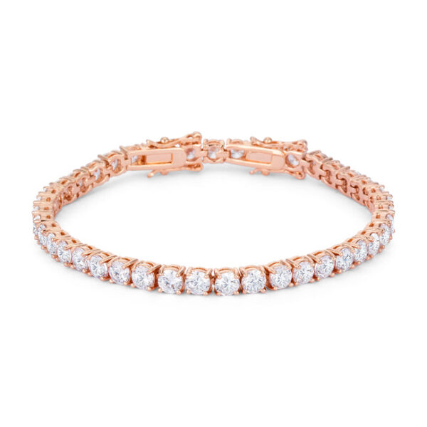Rose goldtone tennis bracelet with round cubic zirconia stones laid flat, showing full 8 inch length